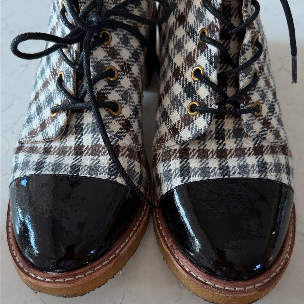J Crew Plaid Lace-Up Boots with Black Patent Toe